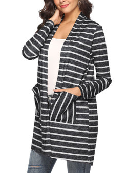 Women Stripe Double Pockets Stitching Shawl Long Cardigan