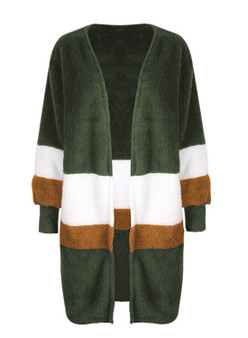 Women Autumn Winter Mid-length Color Block Cardigan Plush Coat