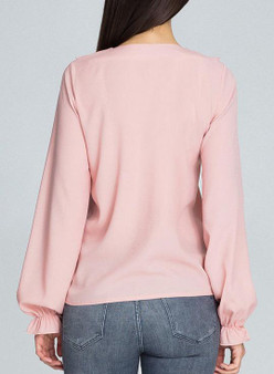 Solid Color Round Neck Ruffled Long Sleeve Chiffon Top Blouse