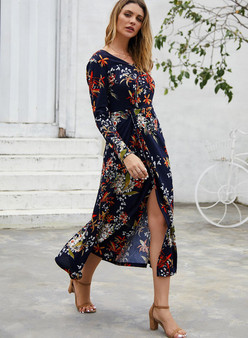 Women V-neck Print Slit Long Sleeve Day Dress