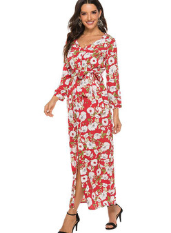 Women Bohemian Print Slit Beach Maxi Dress