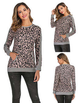 Women Round Neck Leopard Print Raglan Sleeve T-shirt