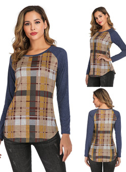 Women Round Neck Plaid Raglan Sleeve T-shirt