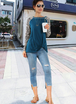 Women Leopard Knot Hem Raglan Sleeve T-shirt