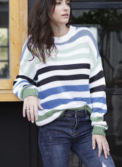 Women Rainbow Contrast Color Knit Loose Sweater