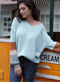 Women V-neck Contrast Color Knit Loose Sweater
