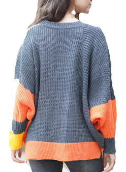 Women Round Neck Contrast Color Knit Loose Sweater