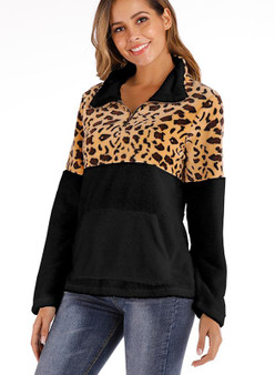 Women Fashion Leopard Pockets Long Sleeve Sweatshirt