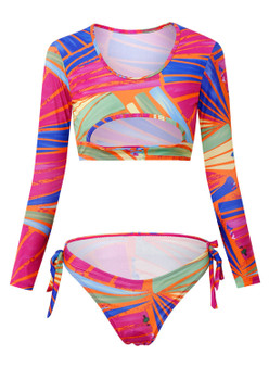 Rainbow Print Bikini Set Long Sleeve Cutout Topless Swimwear