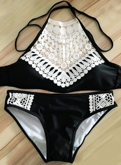 Women's Halter Neck Sleeveless Lace Splciing Bikini Swimwear