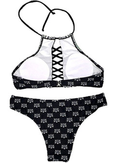 Pinterest Hot Vintage Halter Lace up Print Bikini Set