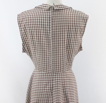 Vintage 50s Brown Gingham Wide Collar Day Dress L