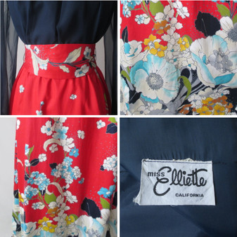 • Vintage 70s Blue Chiffon & Floral Red Maxi Dress M