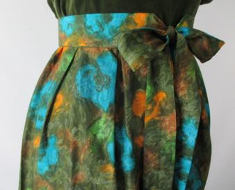 Vintage 60's Green Velvet & Watercolor Floral Dress S