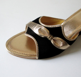 Vintage 60's Black Velvet & Gold Wedge Slip-On Shoes / Slippers 9