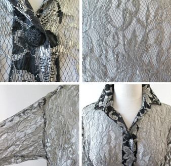 Vintage 90's Silver & Black Lace Oversize Button Down Blouse