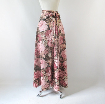 Vintage 70's Wrap Around Pink Roses Maxi Skirt L / M