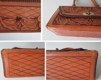 Vintage 50's Tooled Leather Top Handle Box Handbag