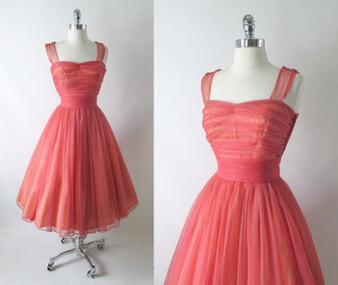 • Vintage 50's Coral Chiffon Full Skirt Party Dress S