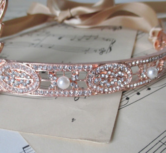 Great Gatsby 1920's Flapper Rose Gold & Rhinestone Headband New