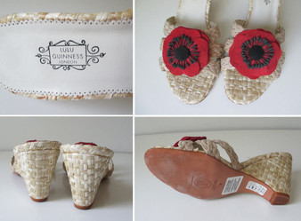 • Lulu Guinness Raffia & Red Flower Straw Wedge Sandal Shoes Heels 38 8