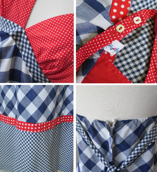 • Vintage 70's Gingham Plaid & Polka Dot Red White Blue Halter Dress XS