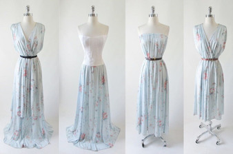 • Vintage 70's Blue Floral Draped Goddess Dress & Skirt Matching Set M