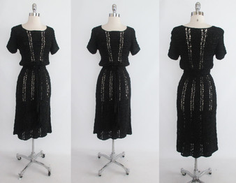 Vintage 40's Black Hand Crochet Knit Ribbon Dress S