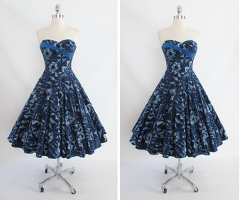 Vintage 50's Lurline Blue Sash Hawaiian Full Swing Skirt Dress S