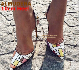 ALMUDENA Irregular Checkered High Heel Pumps Multi-color Patent Leather Plaided Wedding Shoes Printed 12cm Pointed Toe Shoes
