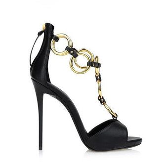 Summer Gladiator Gold Metal Circles Women Sandals Sexy Black Leather Zipper Back Stiletto Heels Party High Heel Dress Shoes