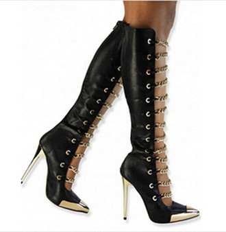 Hot Selling Women Fashion Pointed Gold Metal Toe Knee High Boots Chain Design Stiletto Heel Gladiator Boots High Heel Boots