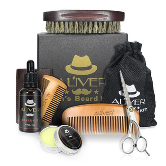 6pcs/set Men Beard Kit Barba Grooming Beard Set Beard Oil Moisturizing Wax Blam Comb Essence Styling Scissors Hair no box