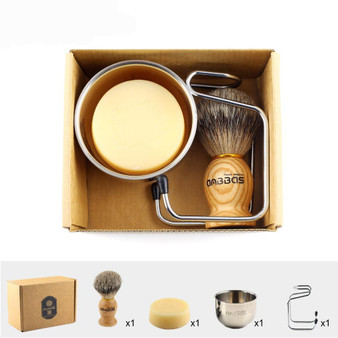 4pc Pure Badger Shaving Brush with Stainless Steel Shaving Stand, 2 Layers Shaving Bowl and Goat Milk Shaving Soap Kit