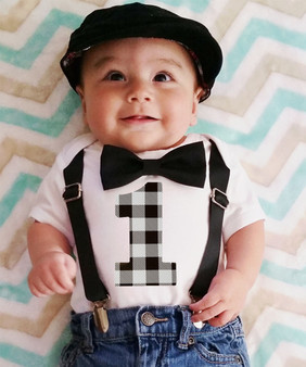 Boys First Birthday Outfit Grey and Black Buffalo Plaid Little Man Party