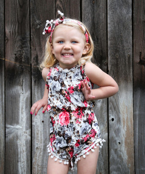 Baby Girl Floral Pom Pom Romper with Headband