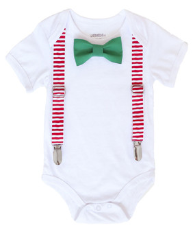Christmas Outfits for Boys Red White Suspenders Green Bow Tie