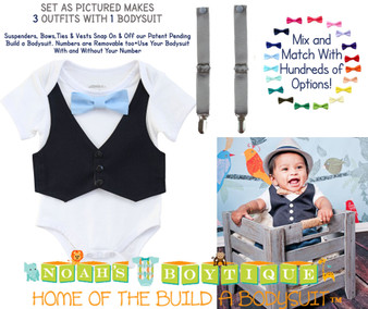 Baby Boy Outfits Navy Blue Vest Grey Suspenders Light Blue Bow Tie Set