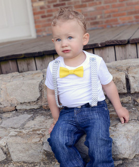 Grey Chevron and Yellow Baby Boy Outfit Suspenders Bow Tie