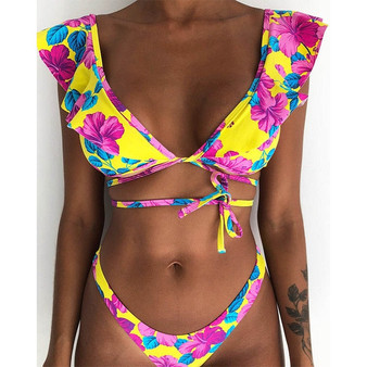 Shoulder Print Ruffled Bikini Set