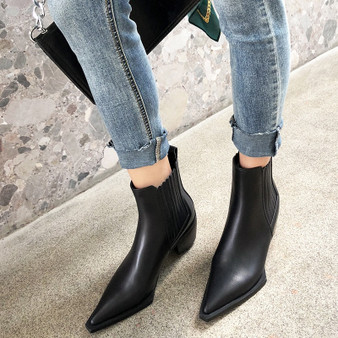 2020 New Arrival pointed toe Chelsea Boots Thick Med Heel Women Ankle Boot winter Black square heel Shoes western boots 34-43