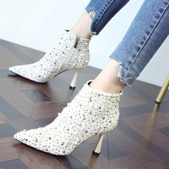 2020 Autumn Winter Women Woolen rhinestone Ankle Boots Plum heel Pointed Toe Thick High Heels Party Shoes Woman High Heel Boots