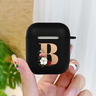 Cute Floral Gold Initial alphabet Letter AirPods Case For Airpod 2 Cases Silicone Wireless Bluetooth Earphone Cover Matte Black