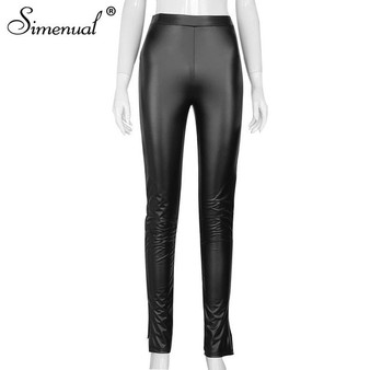 Simenual Faux PU Leather Women Pencil Pants Side Split Skinny Bodycon High Waist Tight Trouser Black Fashion Fall 2020 Clothing