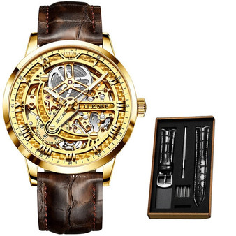 Luxury Men Mechanical Wristwatch Automatic Watch Men Classic Skeleton Leather Top Brand OUPINKE Transparent Sapphire Waterproof