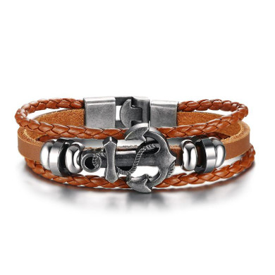 Vnox Anchor Bracelet Black Braided Leather Charm Men Jewelry
