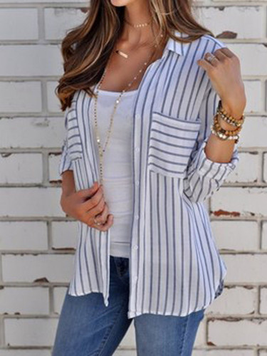 White-gray Striped Lapel Basic Shirt White-gray Striped Lapel Basic Shirt