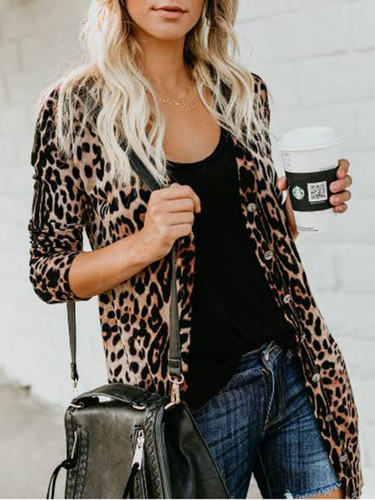 Leopard Printed Round Neck Casual Coat