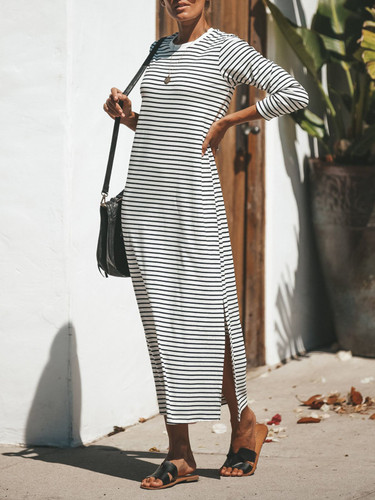 Round Neck  Striped Casual  Maxi Dress