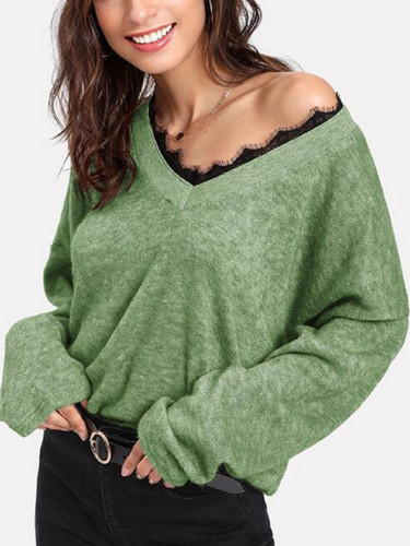 V Neck Casual  Patchwork Sweater